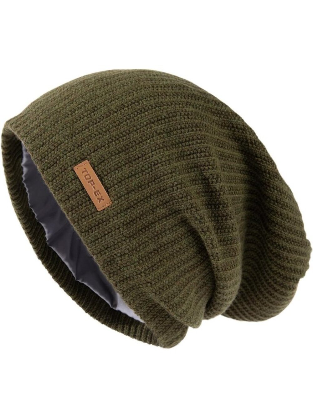 Oversized Merino Wool Satin Lined Slouchy Beanie for Big Heads - Cozy Knit Hat